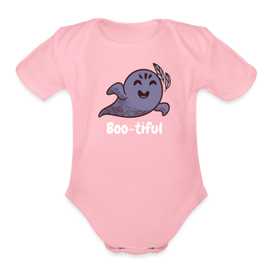 Organic Short Sleeve Baby Bodysuit "Boo-tiful" - light pink