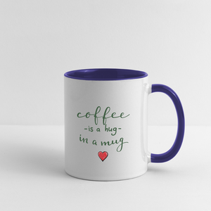 Contrast Coffee Mug "Coffee is a hug in a Mug" - white/cobalt blue