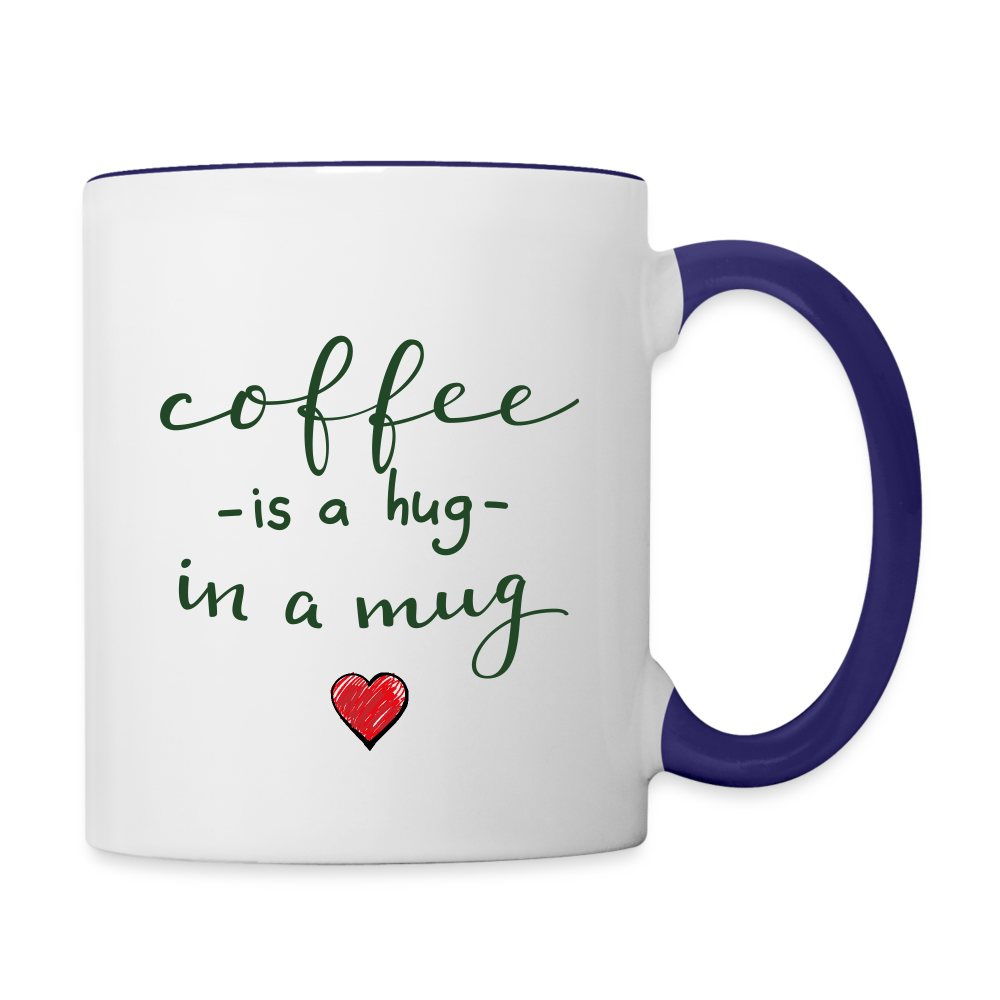 Contrast Coffee Mug "Coffee is a hug in a Mug" - white/cobalt blue