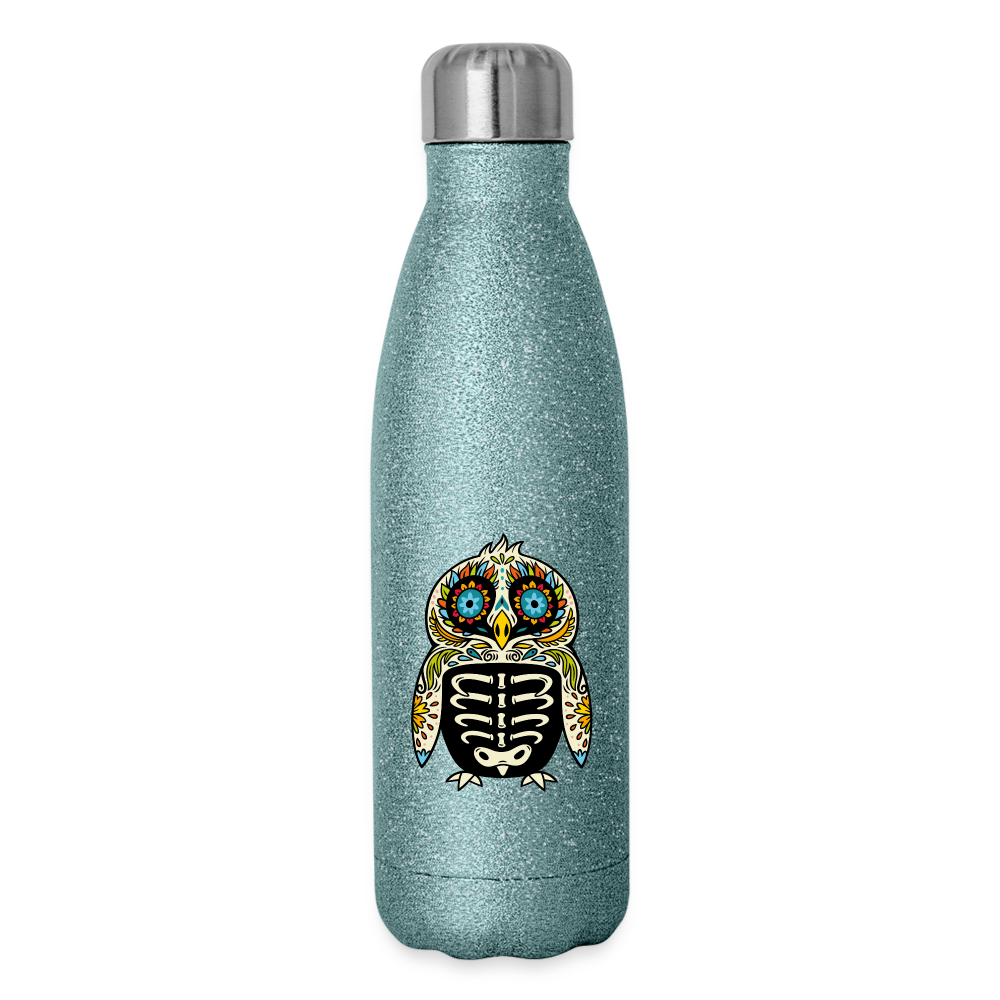 Insulated Stainless Steel Water Bottle "Colorful Owl Blue Eyes" - turquoise glitter