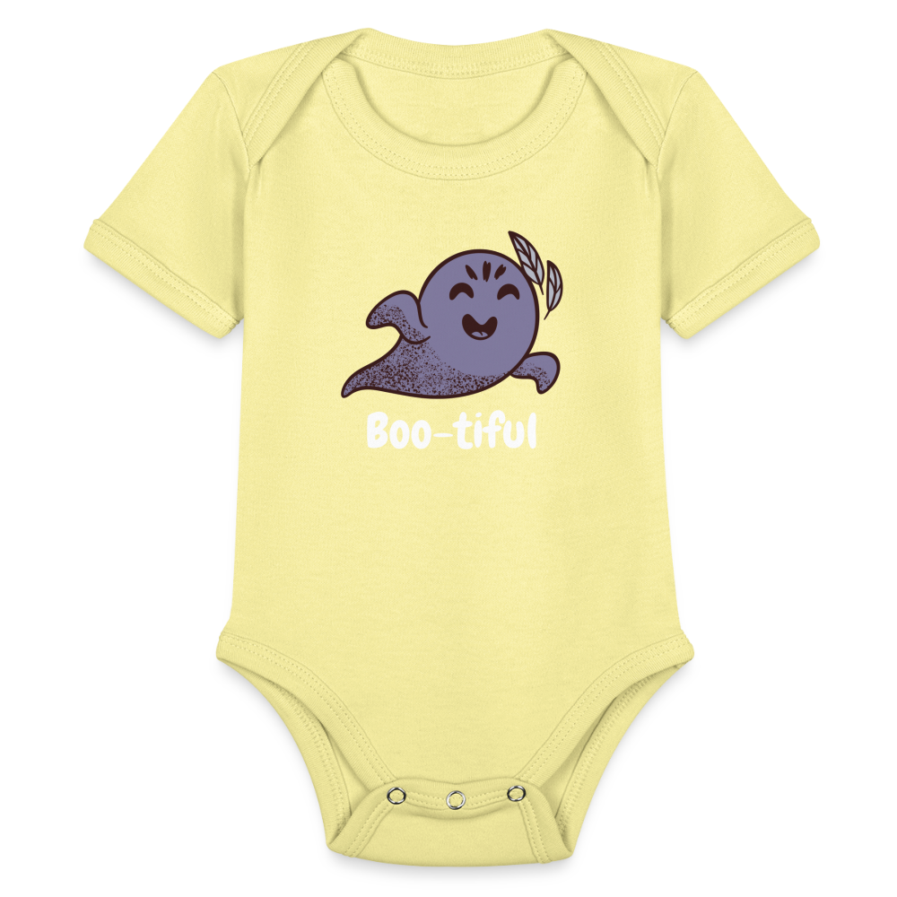 Organic Short Sleeve Baby Bodysuit "Boo-tiful" - washed yellow