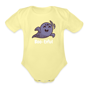 Organic Short Sleeve Baby Bodysuit "Boo-tiful" - washed yellow