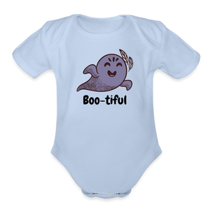 Organic Short Sleeve Baby Bodysuit "Boo-tiful" - sky