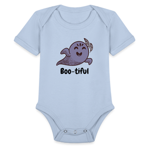 Organic Short Sleeve Baby Bodysuit "Boo-tiful" - sky