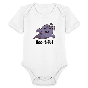 Organic Short Sleeve Baby Bodysuit "Boo-tiful" - white