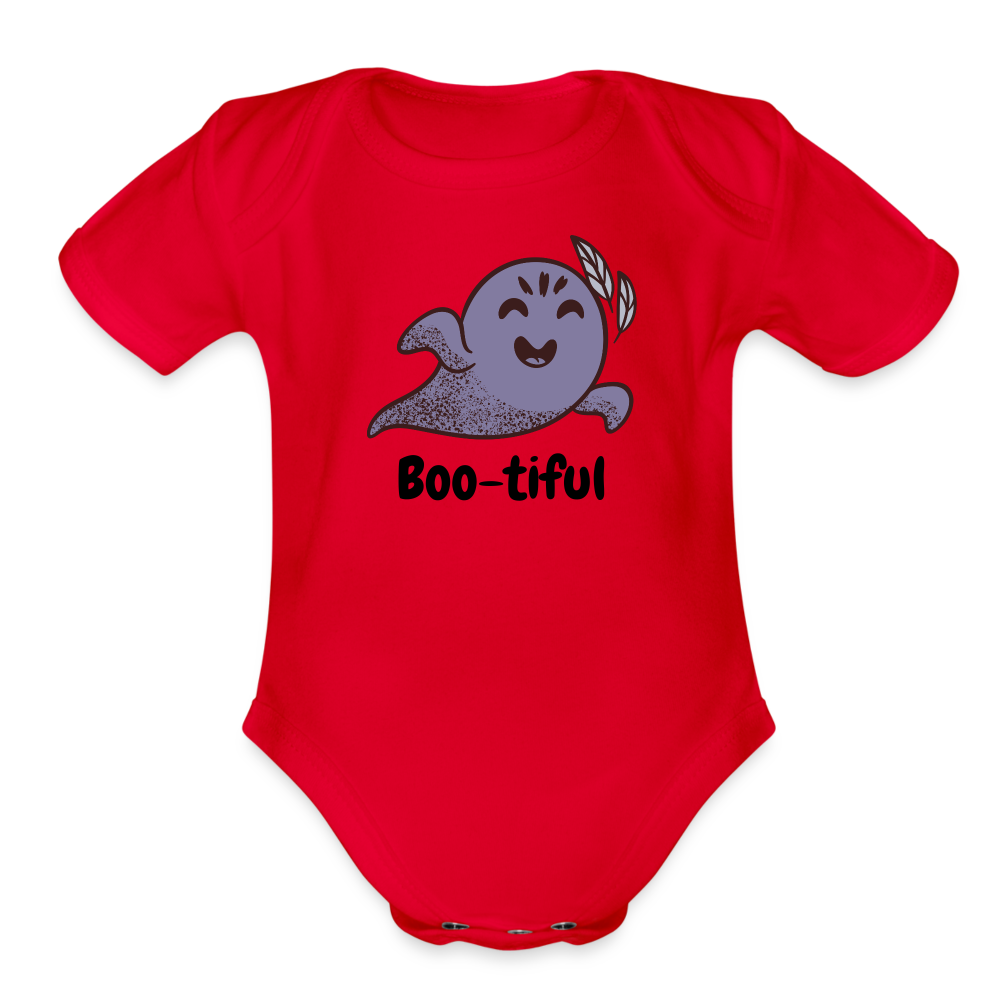 Organic Short Sleeve Baby Bodysuit "Boo-tiful" - red