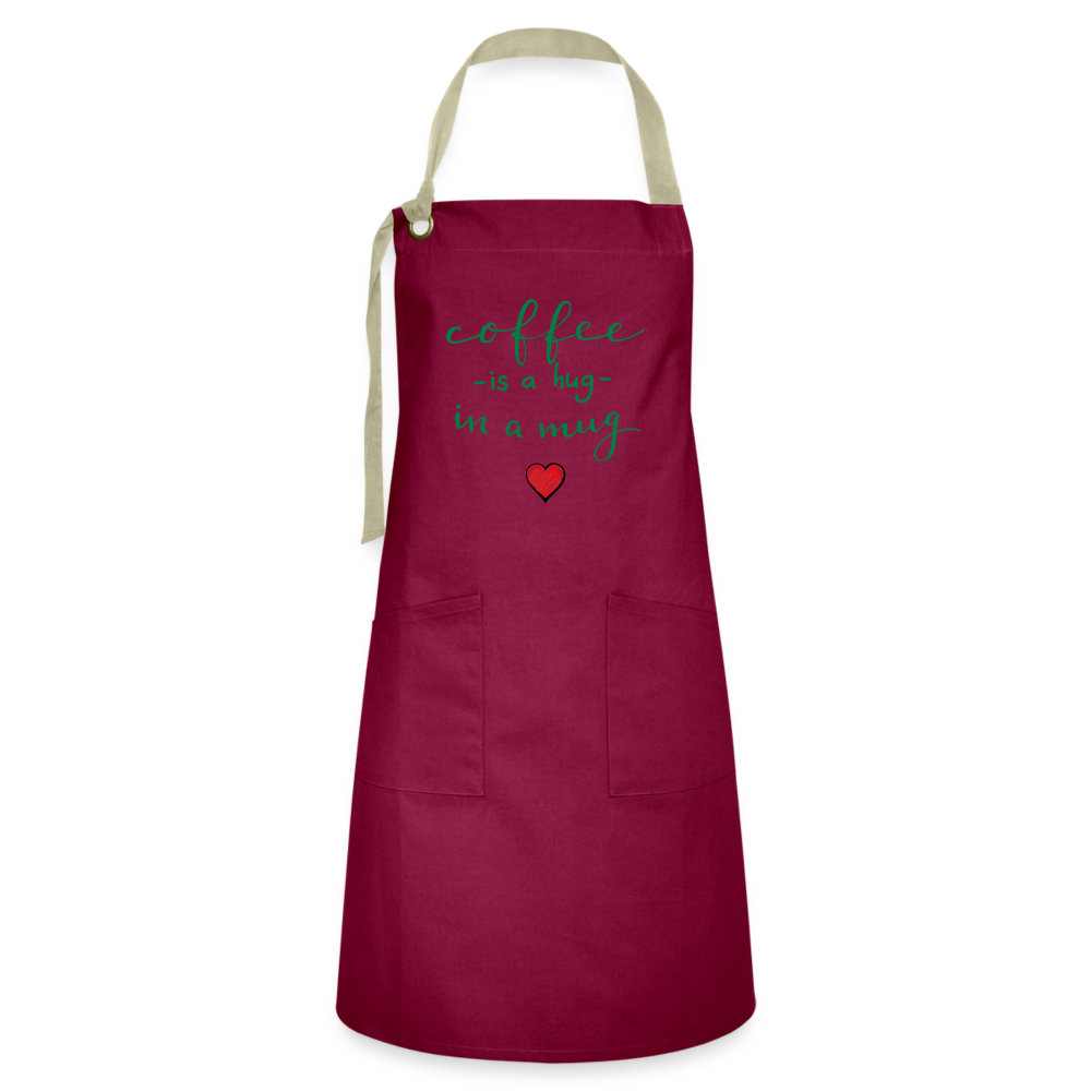 Artisan Apron "Coffee is a hug in a mug" - burgundy/khaki