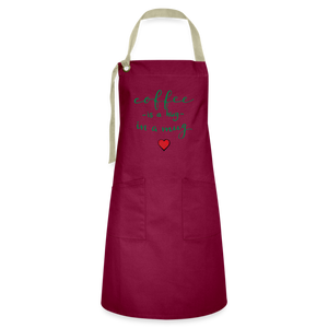 Artisan Apron "Coffee is a hug in a mug" - burgundy/khaki