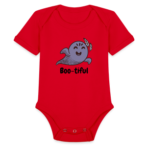 Organic Short Sleeve Baby Bodysuit "Boo-tiful" - red