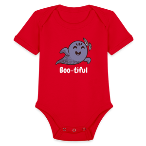 Organic Short Sleeve Baby Bodysuit "Boo-tiful" - red