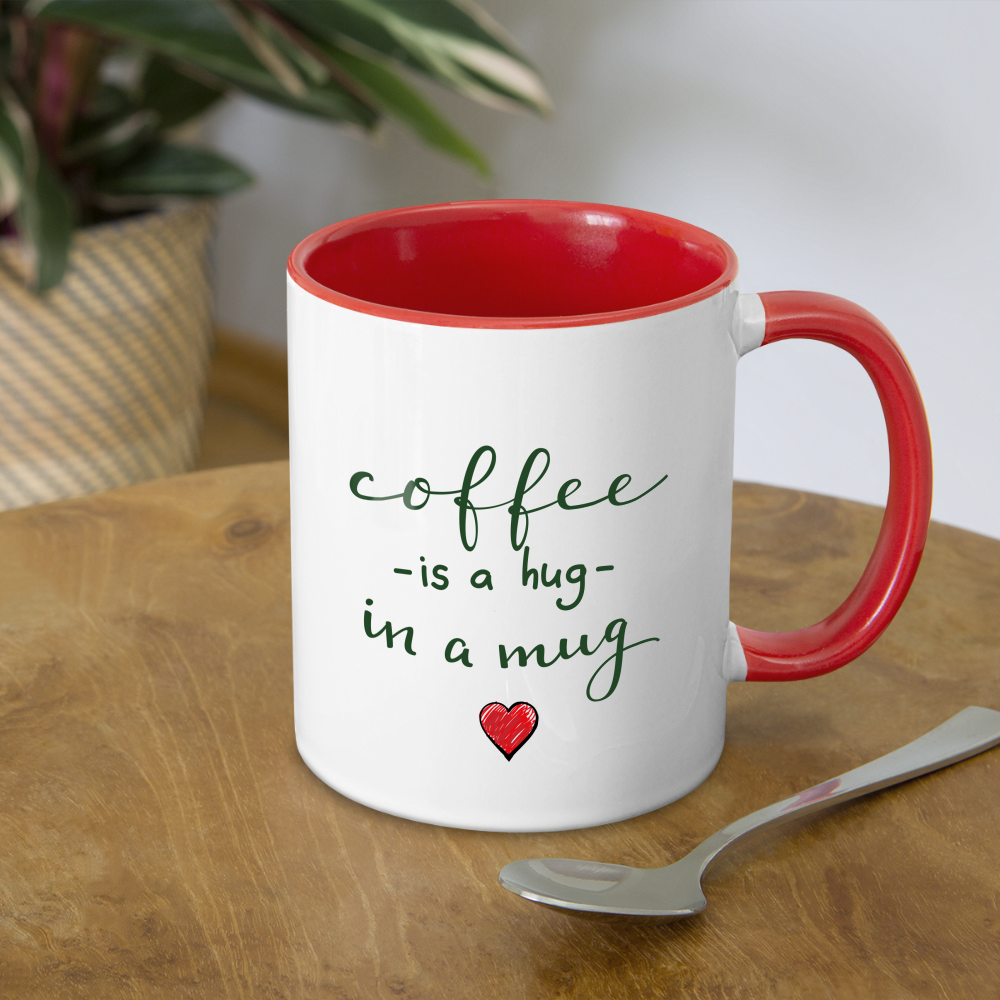 Contrast Coffee Mug "Coffee is a hug in a Mug" - white/red