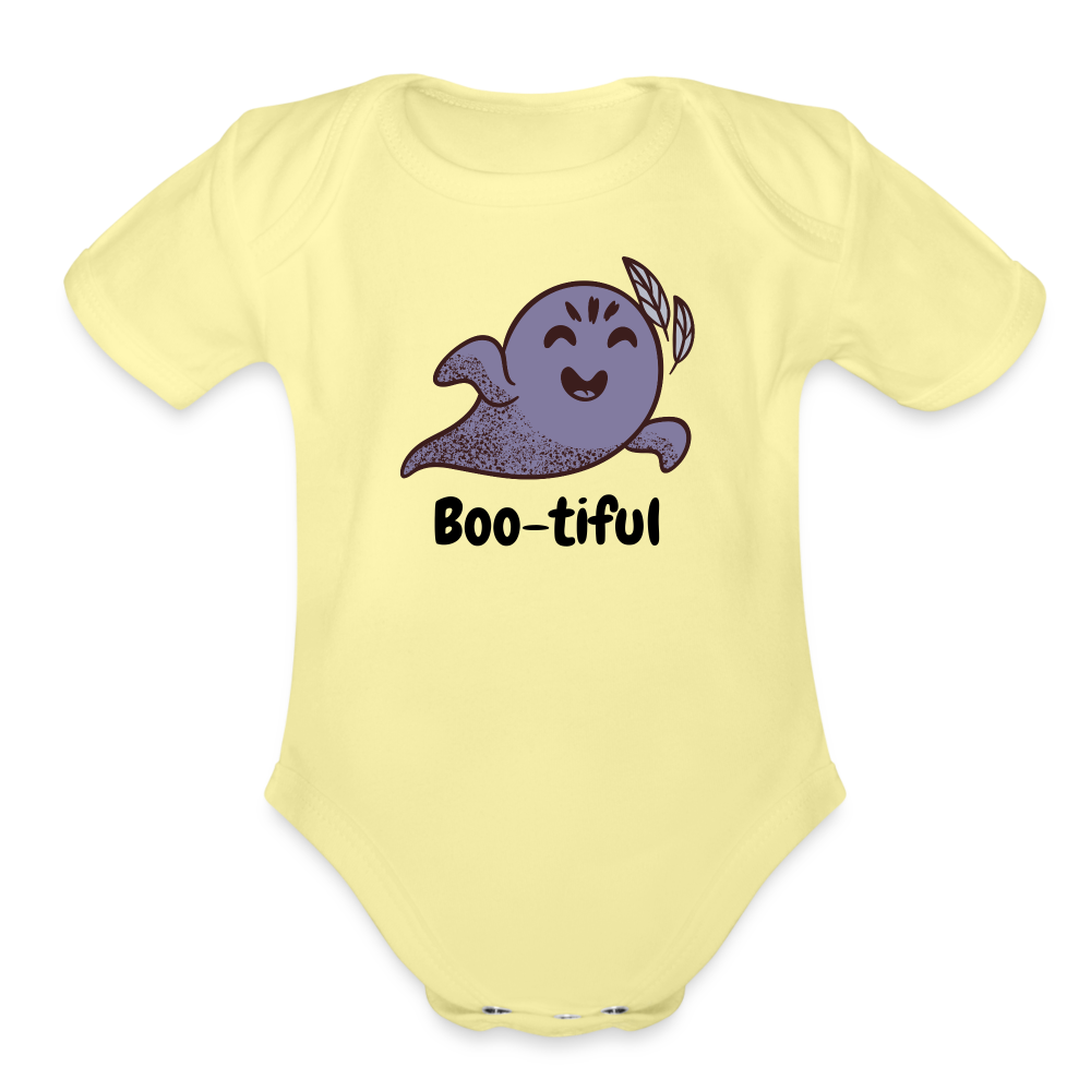 Organic Short Sleeve Baby Bodysuit "Boo-tiful" - washed yellow