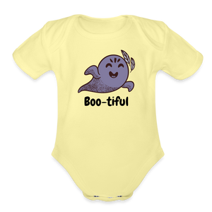 Organic Short Sleeve Baby Bodysuit "Boo-tiful" - washed yellow