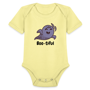 Organic Short Sleeve Baby Bodysuit "Boo-tiful" - washed yellow