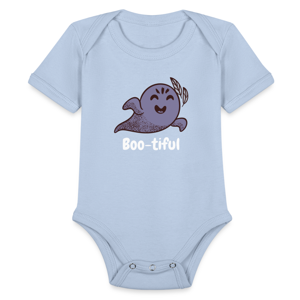 Organic Short Sleeve Baby Bodysuit "Boo-tiful" - sky