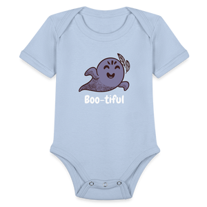 Organic Short Sleeve Baby Bodysuit "Boo-tiful" - sky