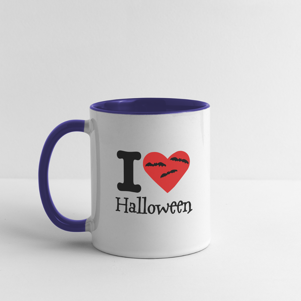 Contrast Mug "I Love Halloween" - white/cobalt blue