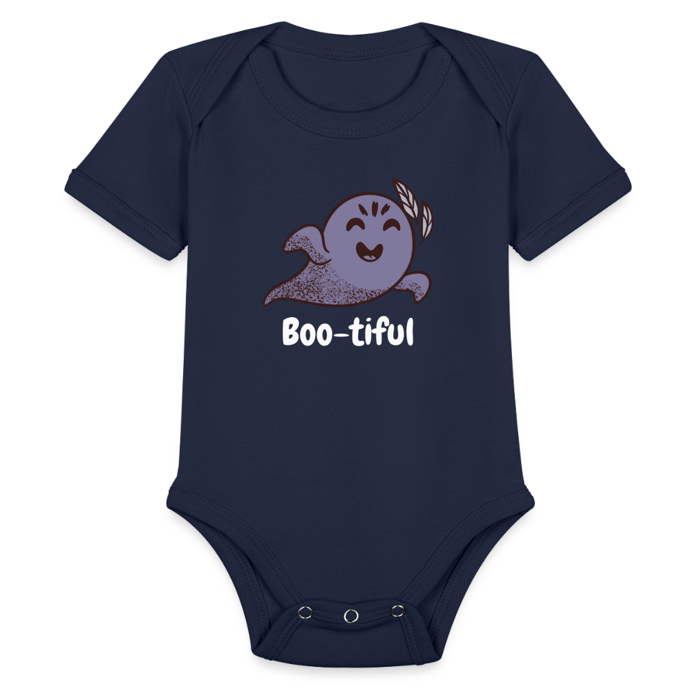 Organic Short Sleeve Baby Bodysuit "Boo-tiful" - dark navy