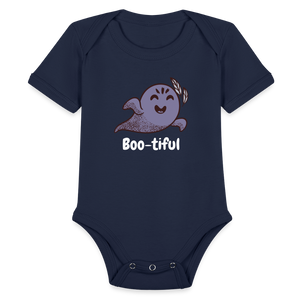 Organic Short Sleeve Baby Bodysuit "Boo-tiful" - dark navy