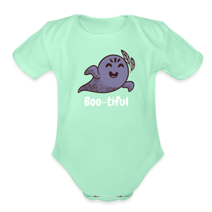 Organic Short Sleeve Baby Bodysuit "Boo-tiful" - light mint