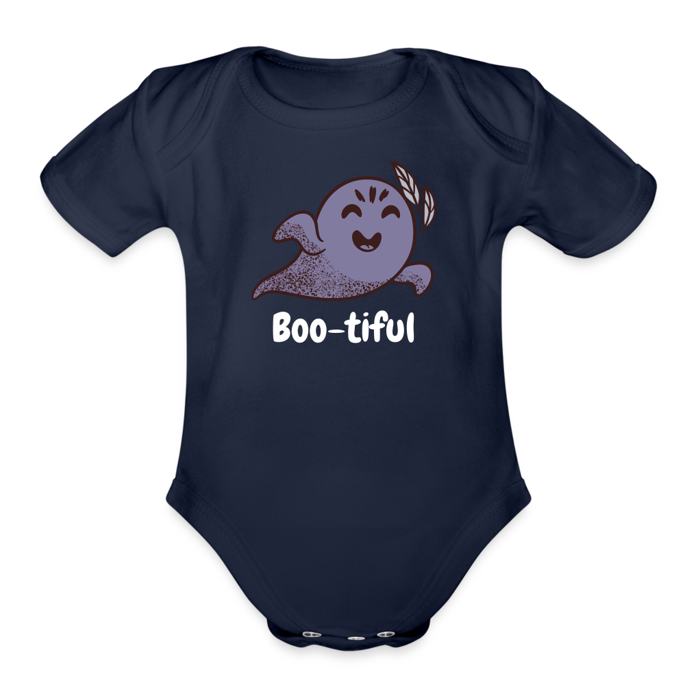 Organic Short Sleeve Baby Bodysuit "Boo-tiful" - dark navy