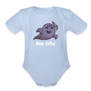 Organic Short Sleeve Baby Bodysuit "Boo-tiful" - sky