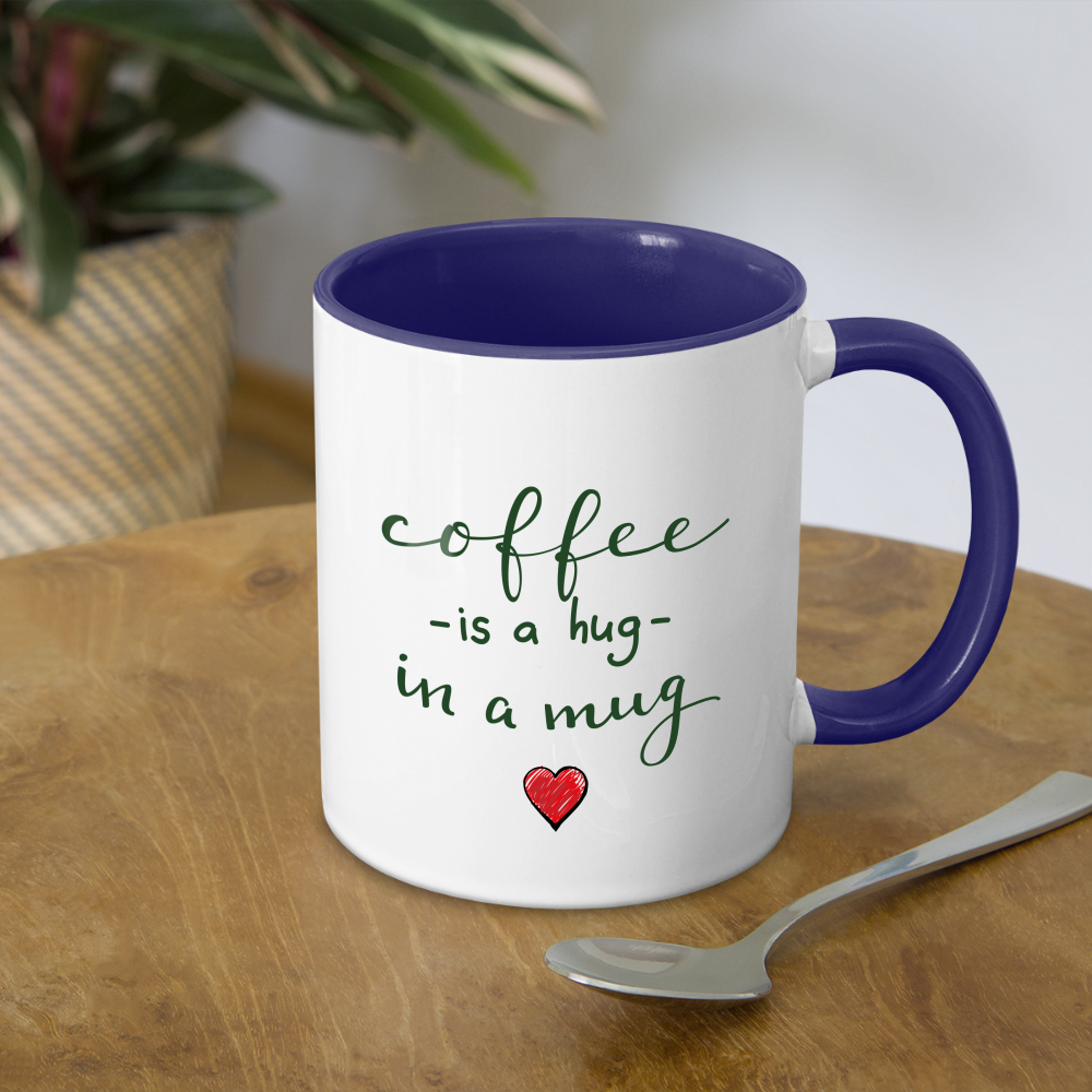 Contrast Coffee Mug "Coffee is a hug in a Mug" - white/cobalt blue