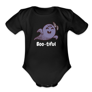 Organic Short Sleeve Baby Bodysuit "Boo-tiful" - black